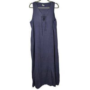 Vintage Varsity Linen Maxi Dress‎ Womens Large Navy Blue Lace Up Beachy Vtg